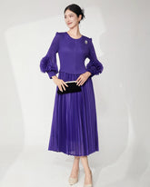 Luxury Designer Japanese Pleats Plissé Midi Dress Flower Sleeve Cocktail Gala